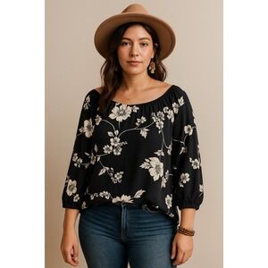 Croft & Barrow Womens Blouse Size XXL Black White Floral Print 3/4 Ballon Sleeve